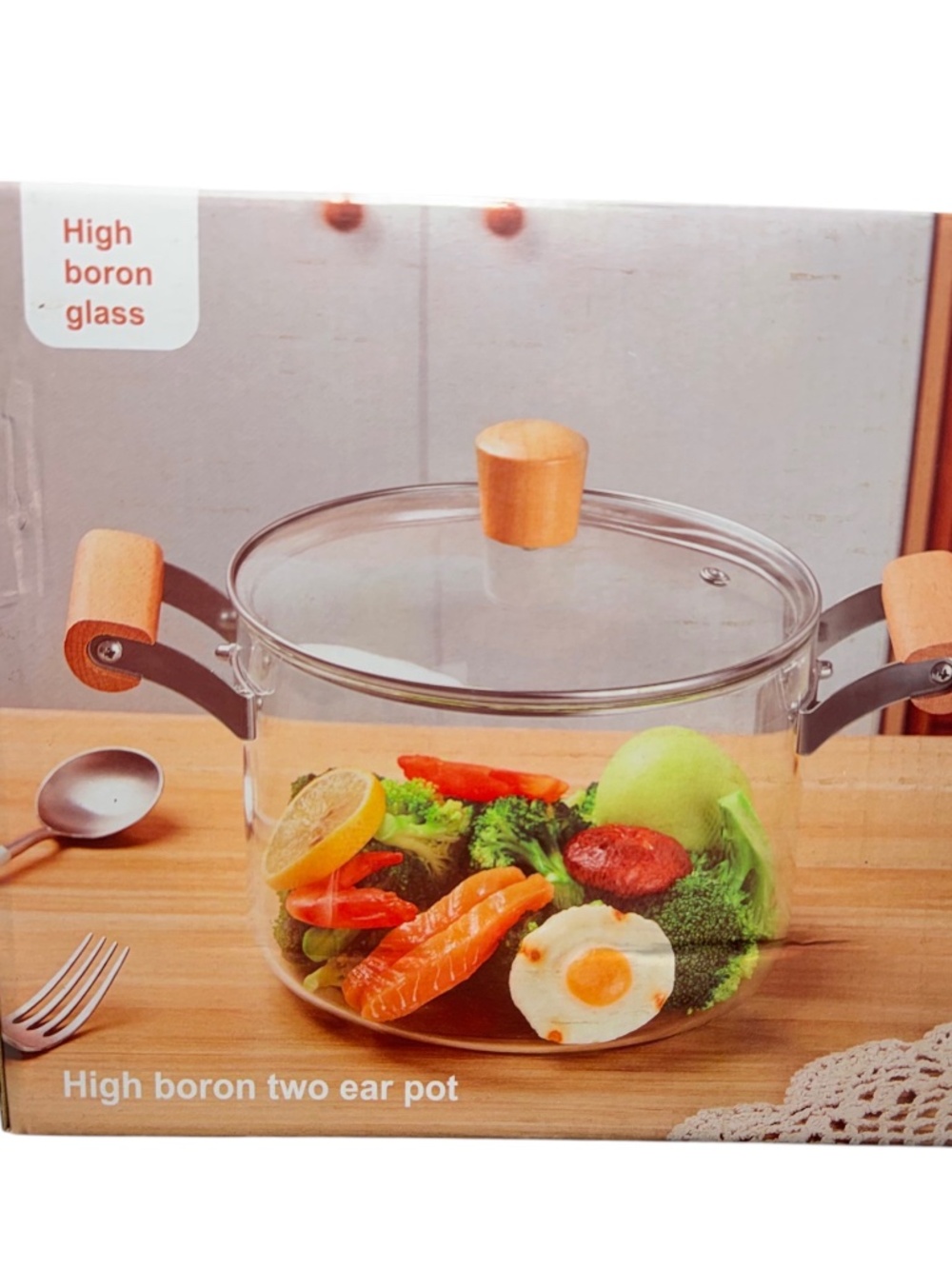 Small High Borosilicate Glass Cooking Pot With Wooden Handles